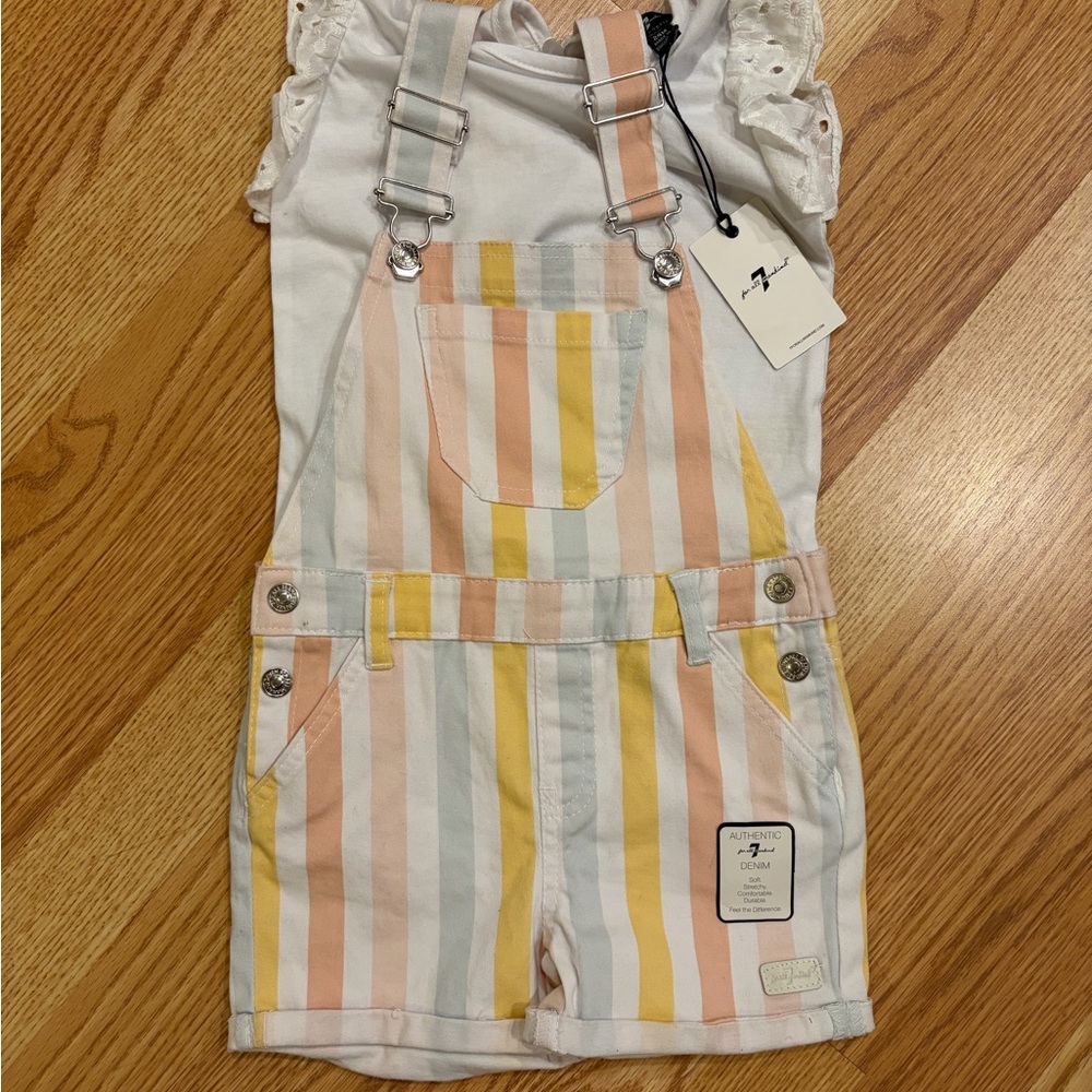 NWT - 2T 7 For All Mankind Striped Pastel Short Overalls with White Tee - Multi